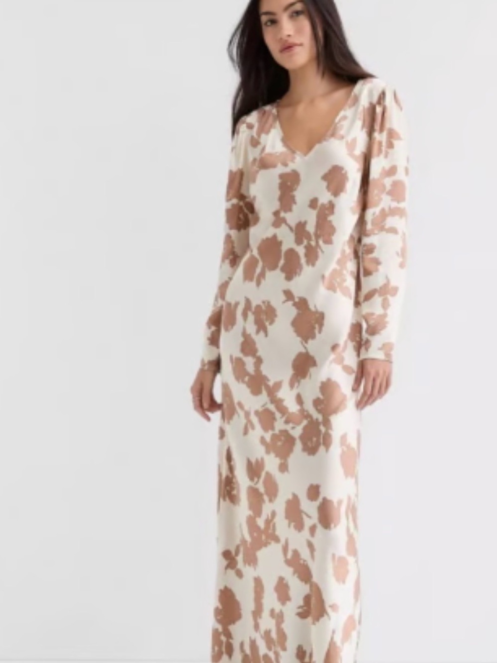 LOFT Cream Satin Maxi Long Sleeve Dress with Tan Floral Print